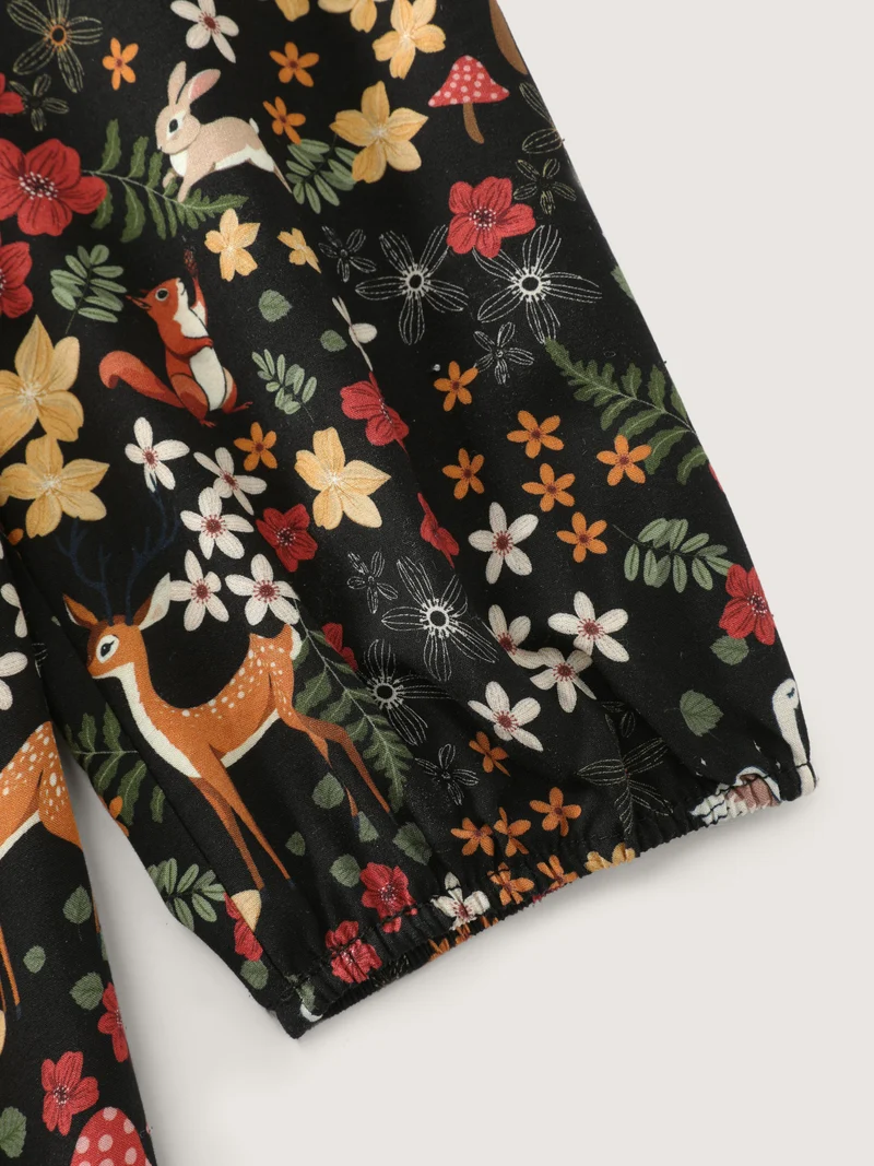 Floral Garden Print Cinched-Waist Midi Dress