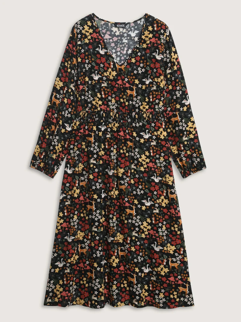 Floral Garden Print Cinched-Waist Midi Dress