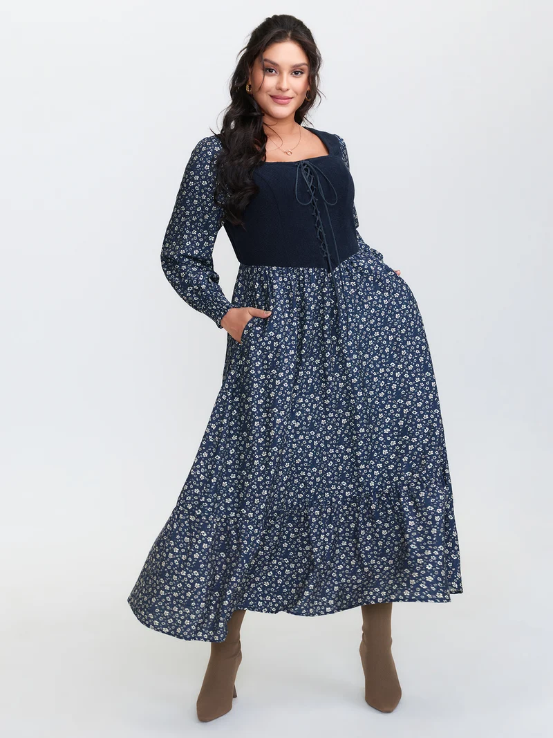 Corset Detail Shirred Floral Pockets Midi Dress