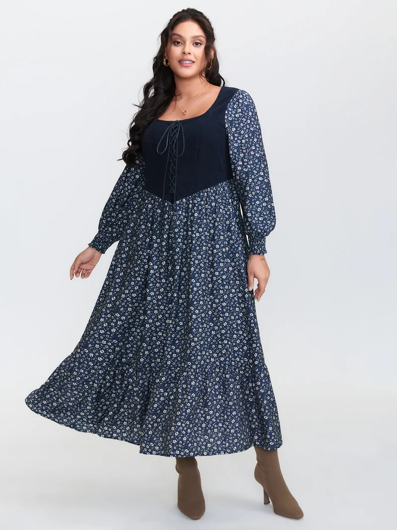 Corset Detail Shirred Floral Pockets Midi Dress