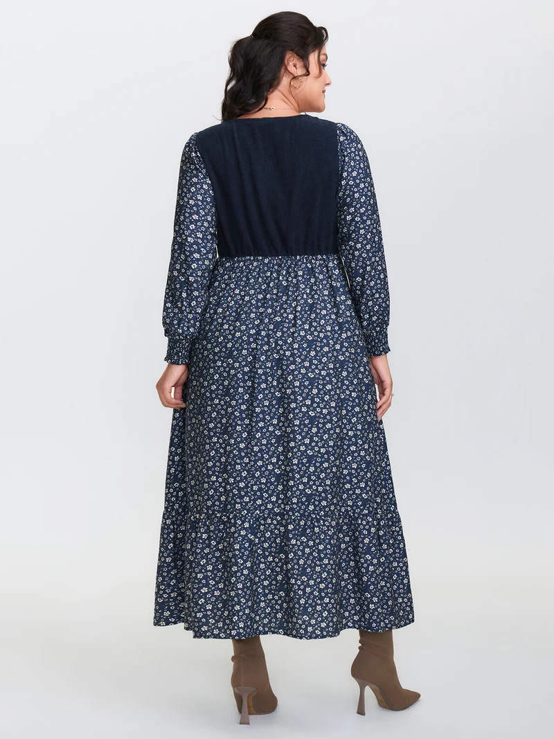 Corset Detail Shirred Floral Pockets Midi Dress