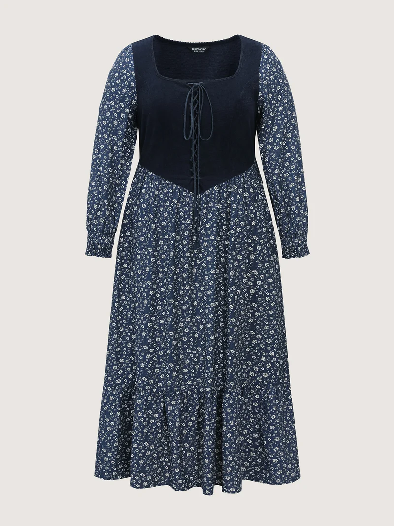 Corset Detail Shirred Floral Pockets Midi Dress
