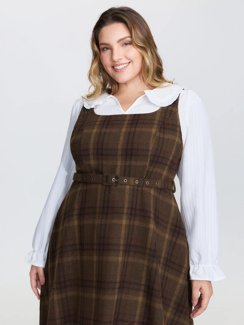 Plaid Pattern Adjustable Belt Midi Dress