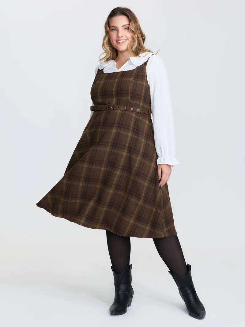 Plaid Pattern Adjustable Belt Midi Dress