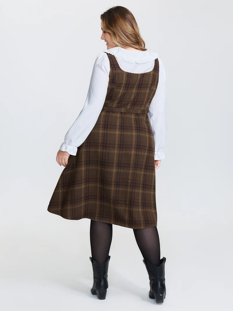 Plaid Pattern Adjustable Belt Midi Dress