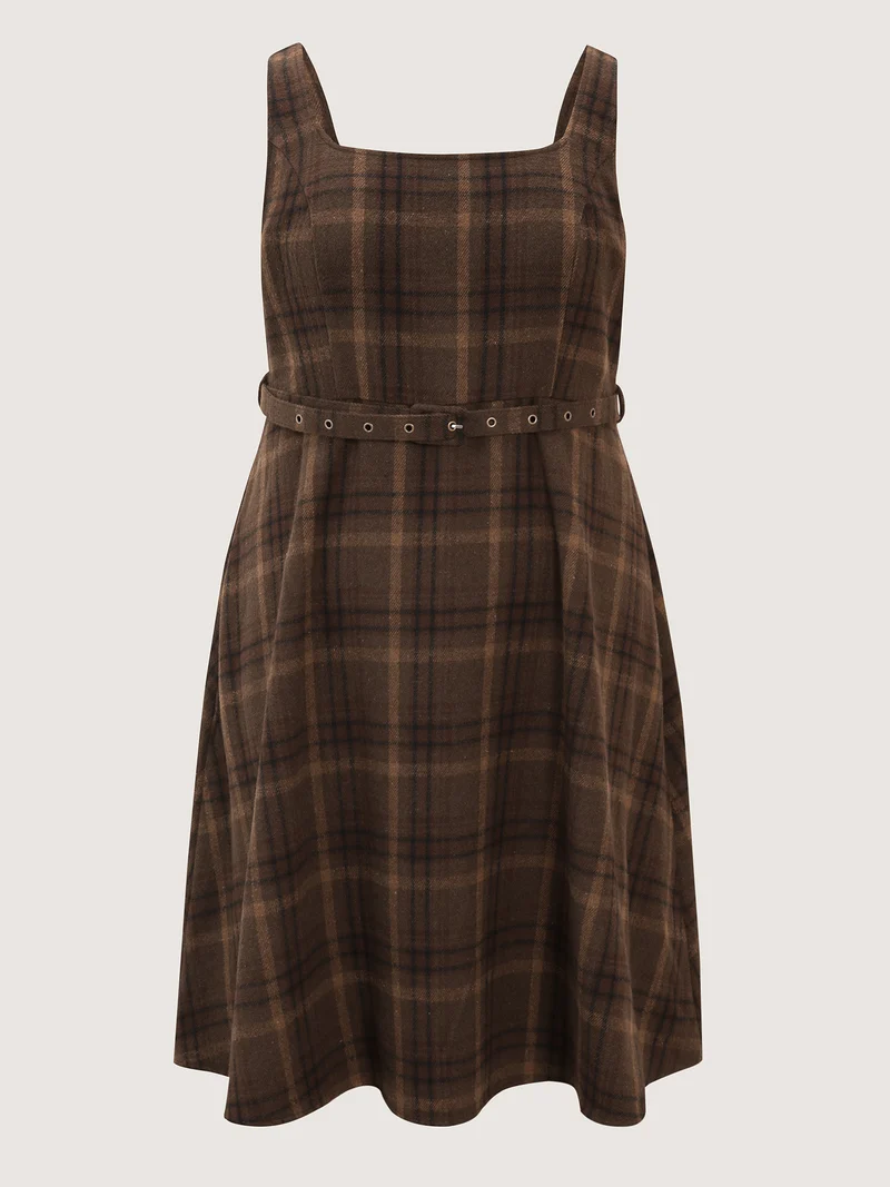 Plaid Pattern Adjustable Belt Midi Dress