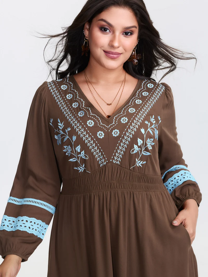 Boho Embroidered Neck-Tie Midi Dress