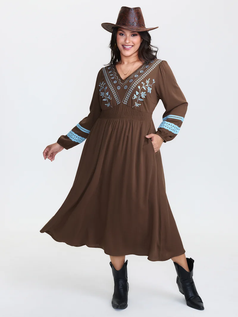 Boho Embroidered Neck-Tie Midi Dress