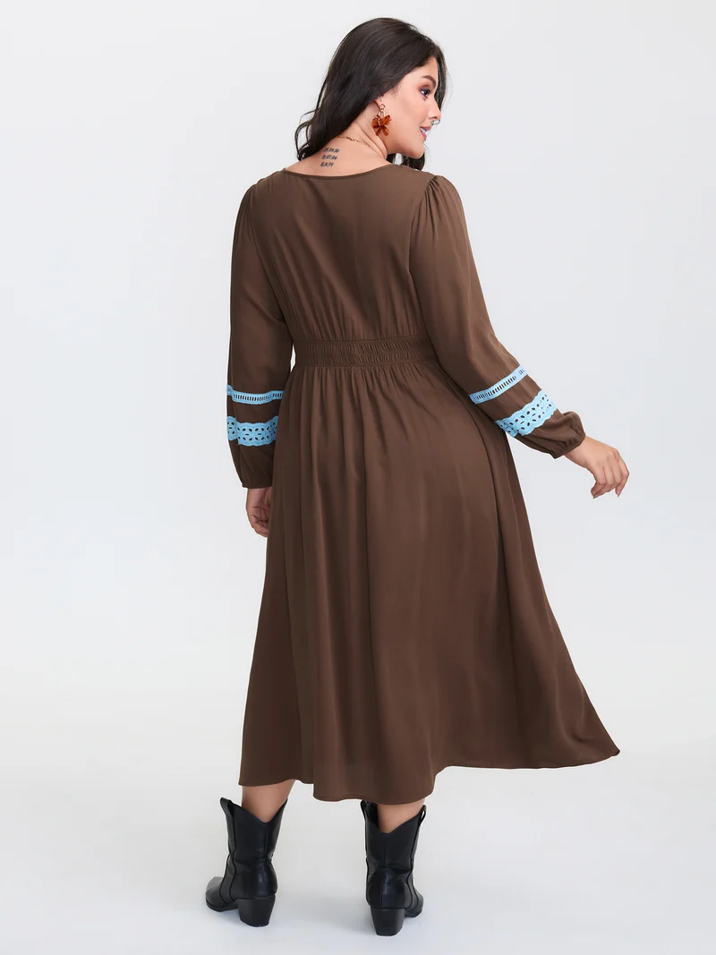 Boho Embroidered Neck-Tie Midi Dress