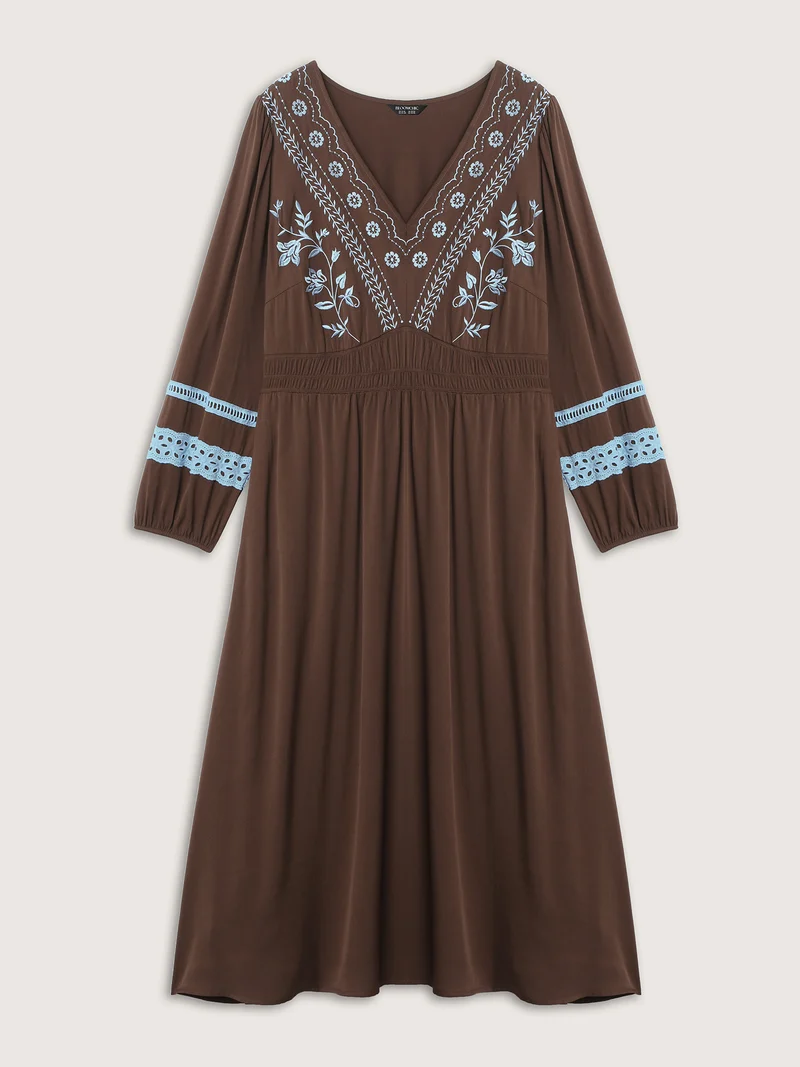 Boho Embroidered Neck-Tie Midi Dress