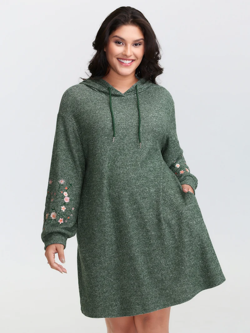 Floral Embroidered Sleeve Hooded Midi Dress