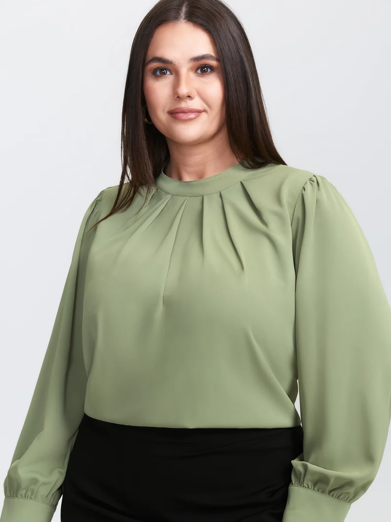 Pleated High Neckline Solid Blouse