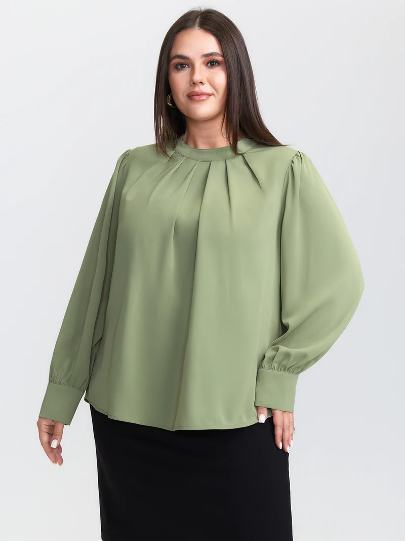 Pleated High Neckline Solid Blouse