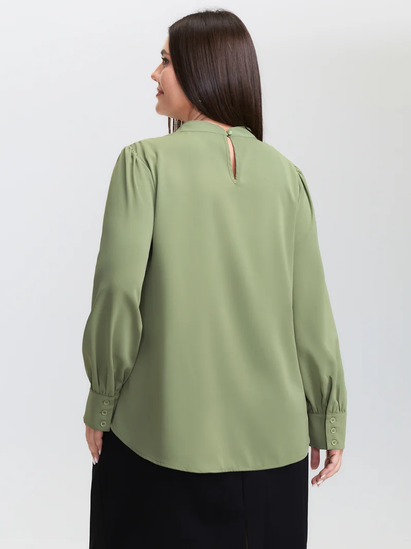 Pleated High Neckline Solid Blouse