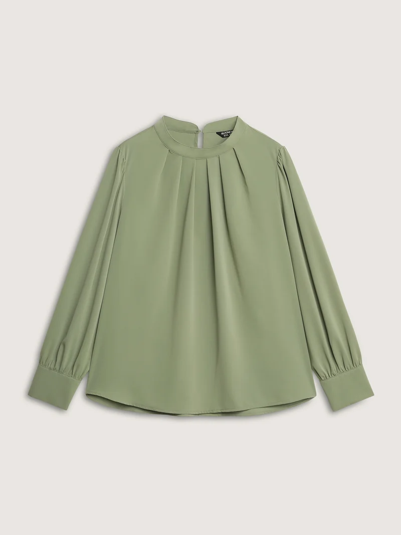 Pleated High Neckline Solid Blouse