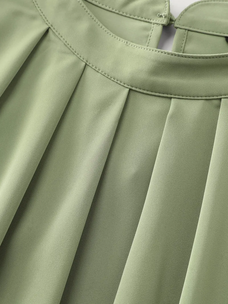 Pleated High Neckline Solid Blouse