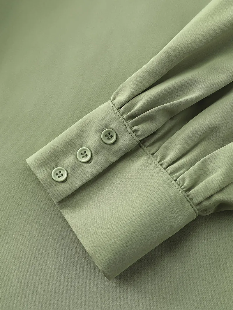 Pleated High Neckline Solid Blouse