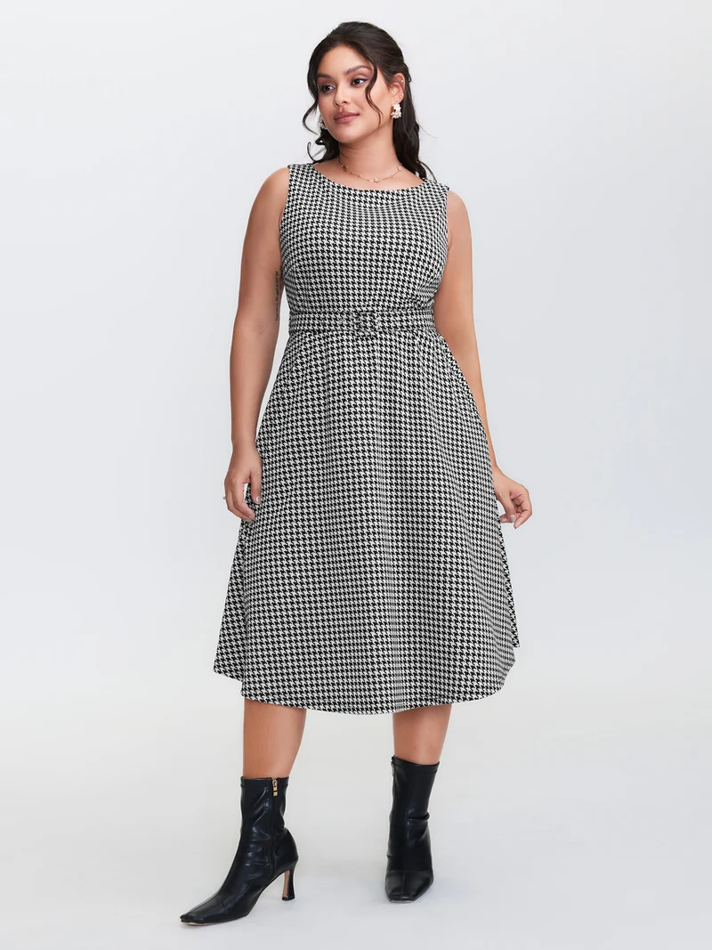 Houndstooth Boat Neckline Belted Waist Midi Dress