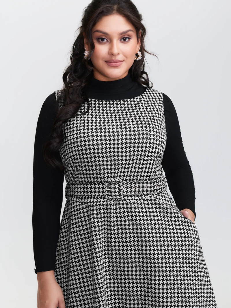 Houndstooth Boat Neckline Belted Waist Midi Dress