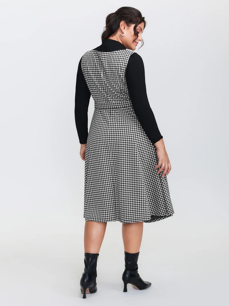 Houndstooth Boat Neckline Belted Waist Midi Dress