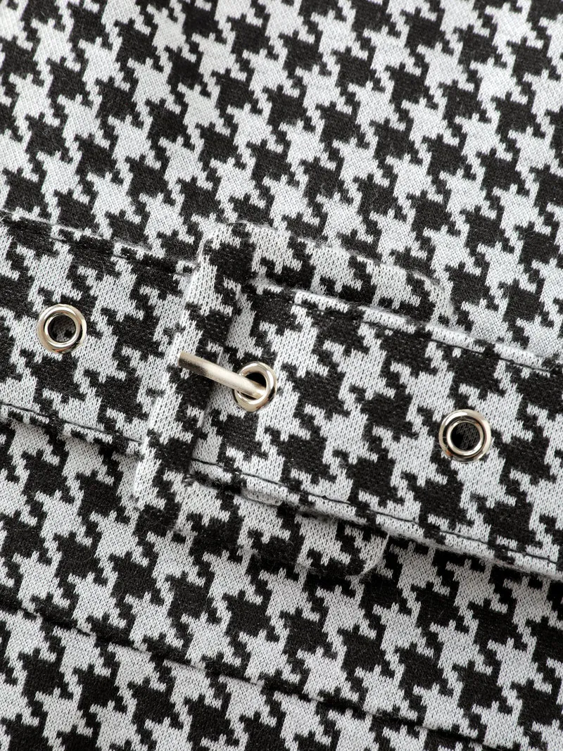 Houndstooth Boat Neckline Belted Waist Midi Dress