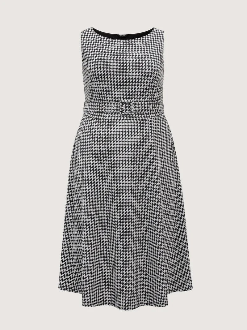 Houndstooth Boat Neckline Belted Waist Midi Dress