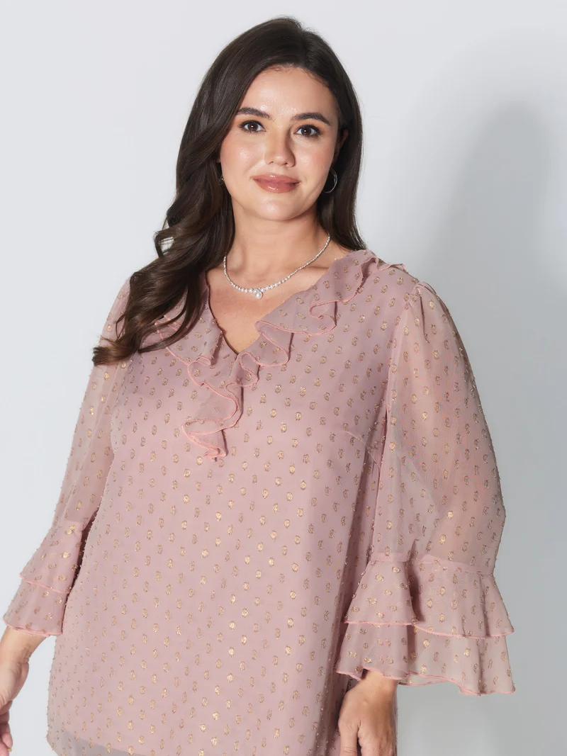 Chiffon Ruffled Neckline Layered Sleeve Blouse