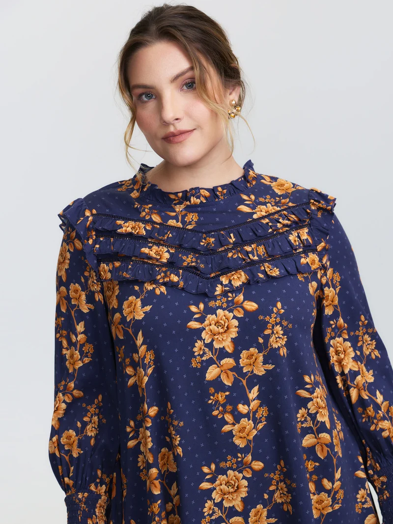 Floral Layered Ruffled Neckline Blouse