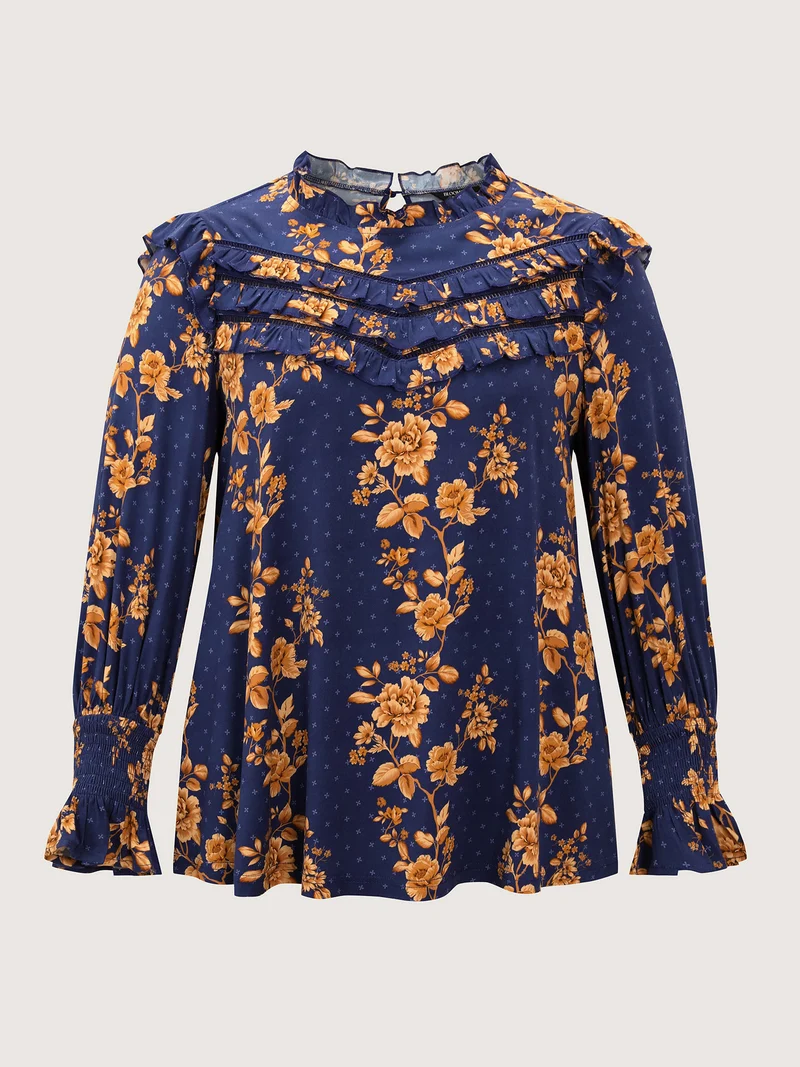 Floral Layered Ruffled Neckline Blouse