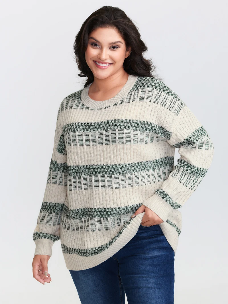 Color Stripes Textured Round Neck Pullover