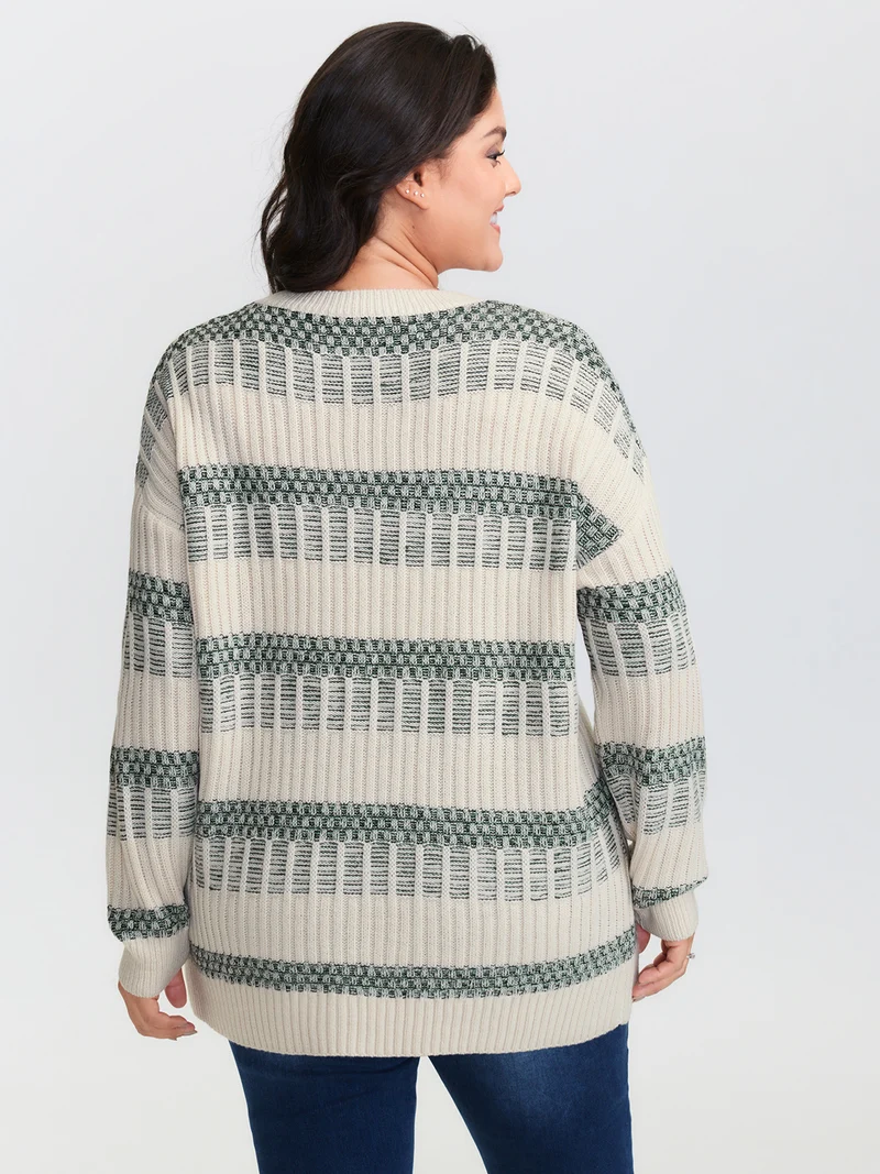 Color Stripes Textured Round Neck Pullover