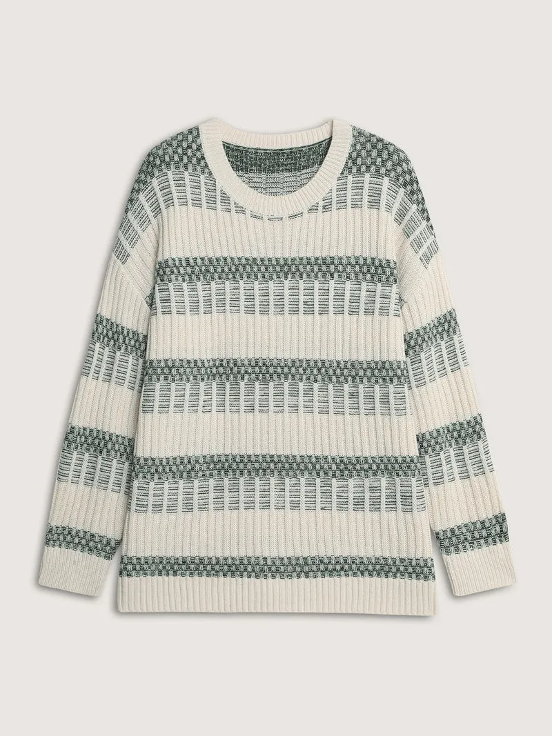 Color Stripes Textured Round Neck Pullover