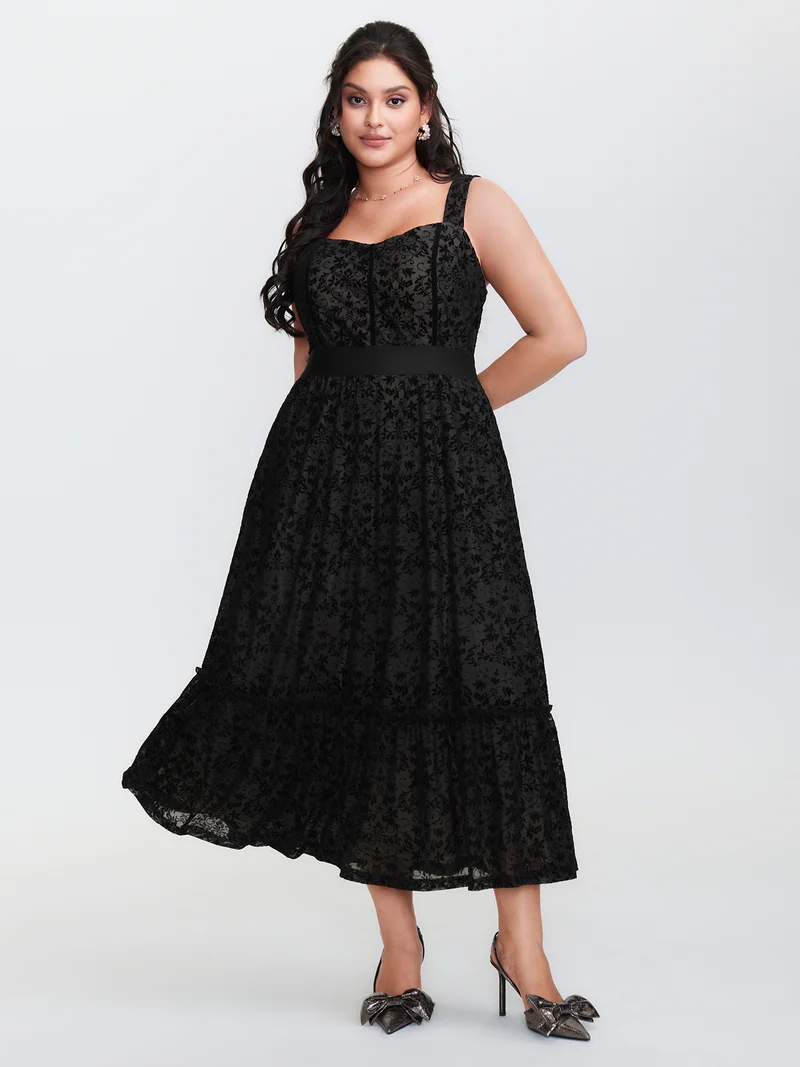 Floral Flocked Shirred Mesh Midi Dress