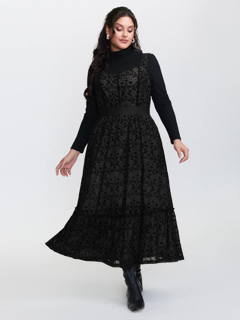 Floral Flocked Shirred Mesh Midi Dress