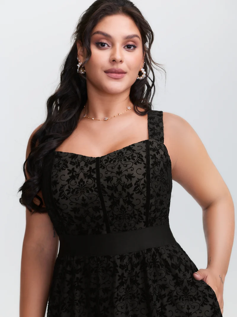 Floral Flocked Shirred Mesh Midi Dress