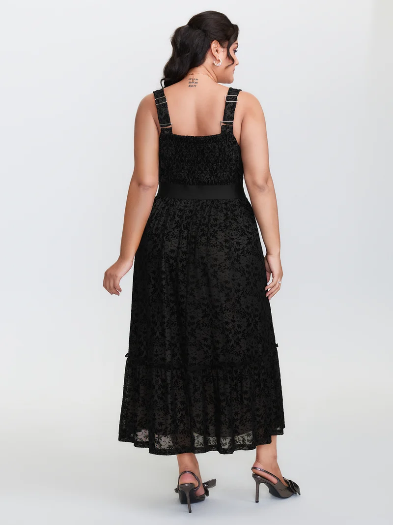 Floral Flocked Shirred Mesh Midi Dress