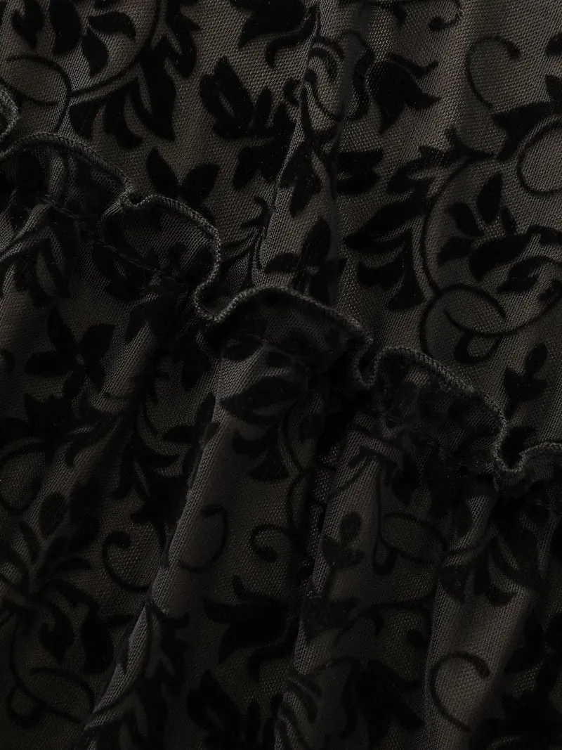 Floral Flocked Shirred Mesh Midi Dress