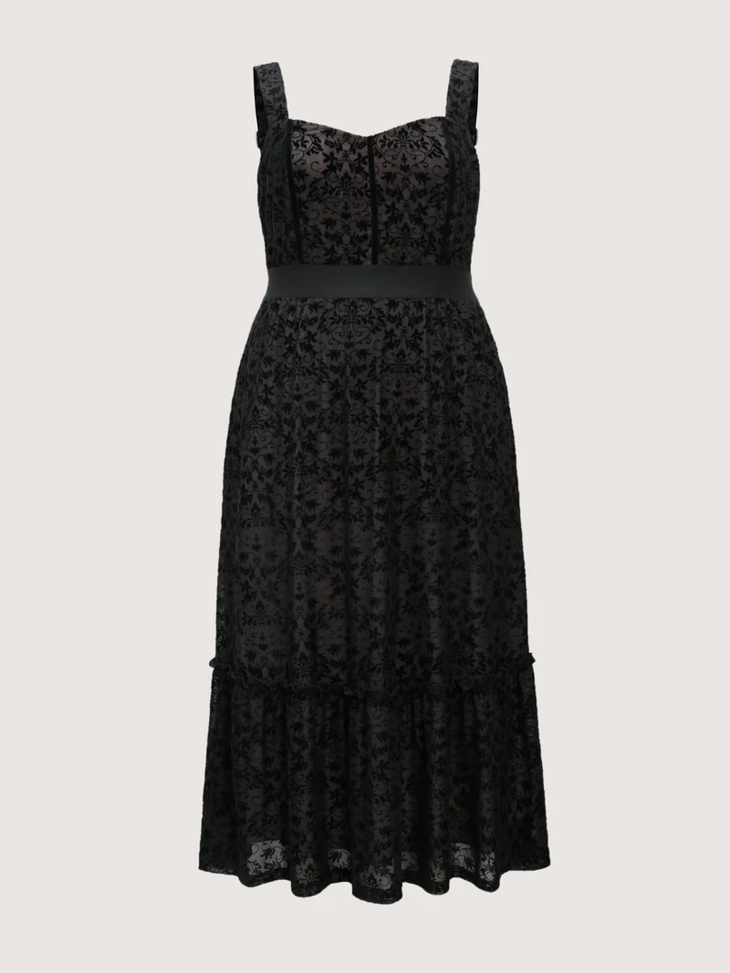 Floral Flocked Shirred Mesh Midi Dress