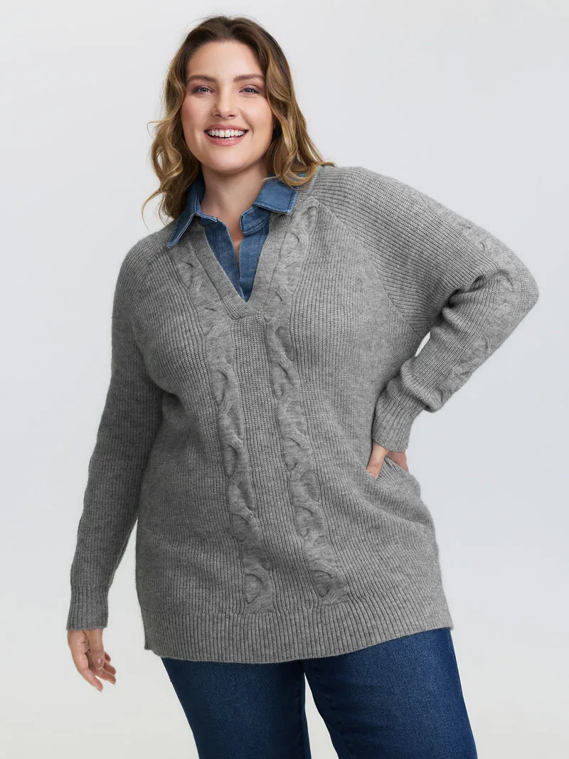 Supersoft Color Contrast Collar Textured Pullover