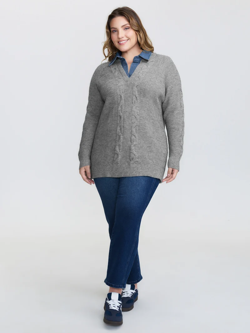 Supersoft Color Contrast Collar Textured Pullover