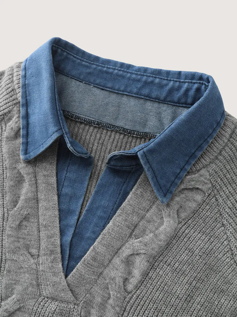 Supersoft Color Contrast Collar Textured Pullover