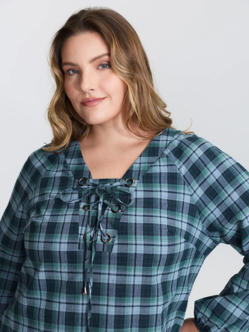 Plaid 2-in-1 Neck Tie Blouse