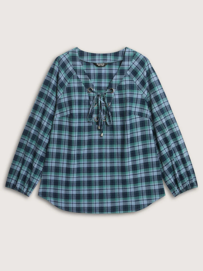 Plaid 2-in-1 Neck Tie Blouse