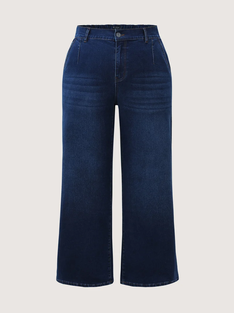 Mid-Rise Elastic Waistband Wide-Leg Jeans