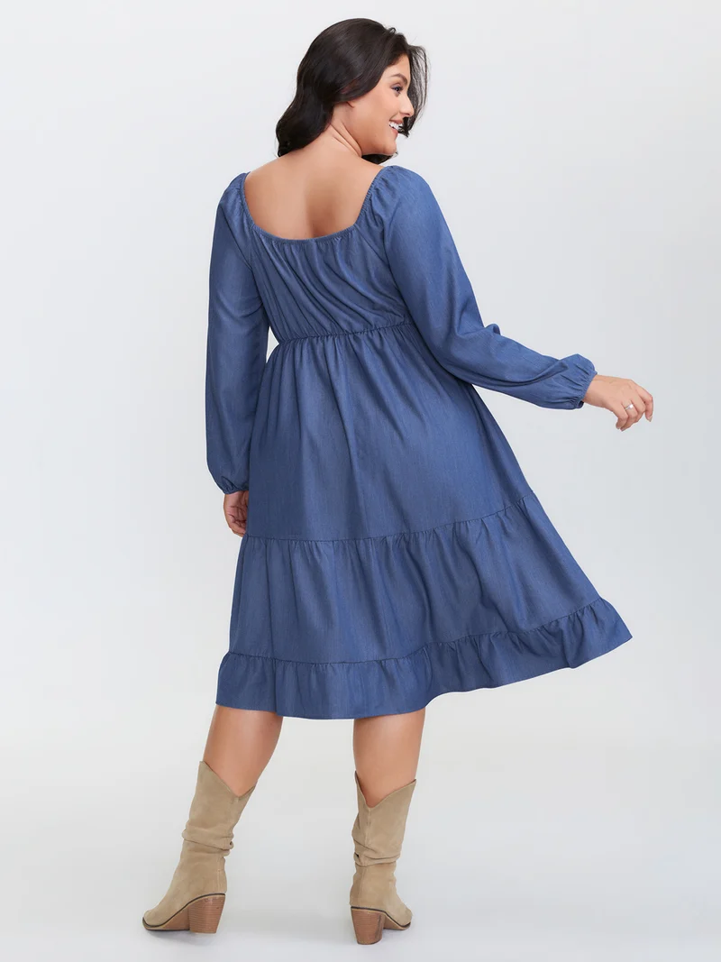 Denim-Like Cinched-Waist Pockets Midi Dress