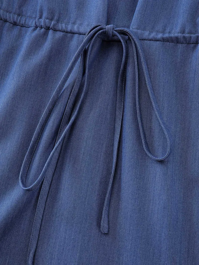 Denim-Like Cinched-Waist Pockets Midi Dress