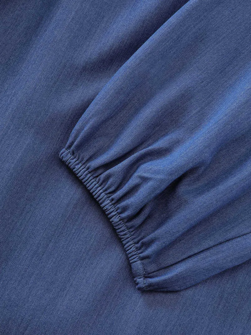 Denim-Like Cinched-Waist Pockets Midi Dress