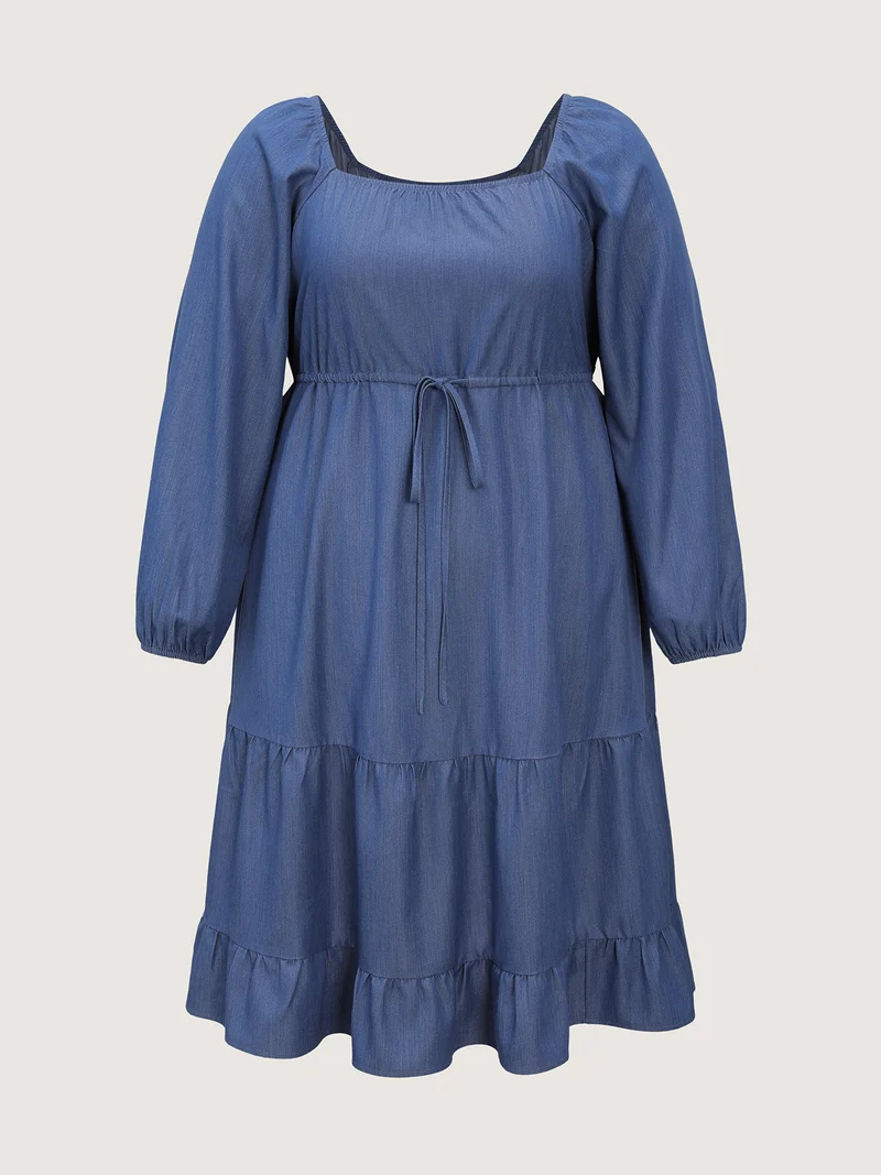 Denim-Like Cinched-Waist Pockets Midi Dress
