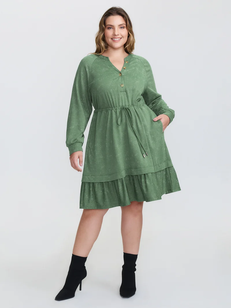 Washed Effect Tiered Drawstring Mini Dress