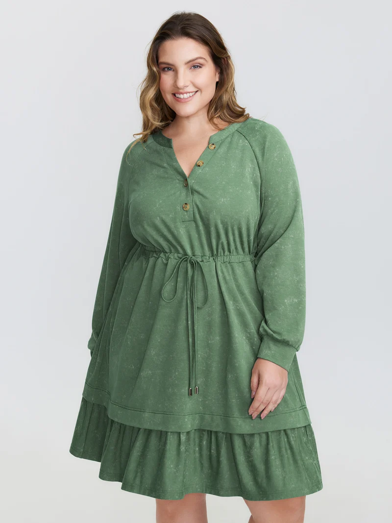 Washed Effect Tiered Drawstring Mini Dress